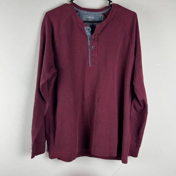 Lands' End Tee Shirt Men's Red Henley Size Large Casual Long Sleeve Pullover - Picture 1 of 7